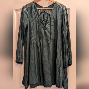 Lush Forest Green Laceup Eyelet Detail Smock Dress